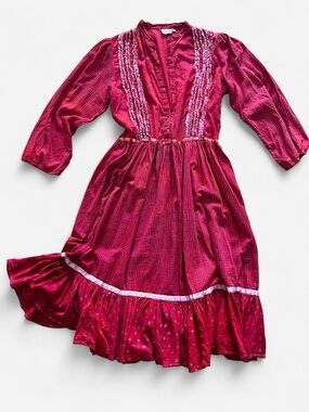 Vintage 70s Cotton Bohemian Dress Lace Frill Ruffle Prairie Cottagecore Folk L